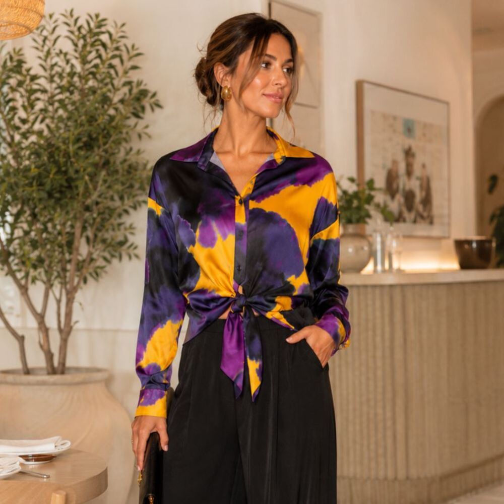 Hutch Robbie Citrine Ink Blot Floral Satin Blouse Tie Front Desk to Dinner S